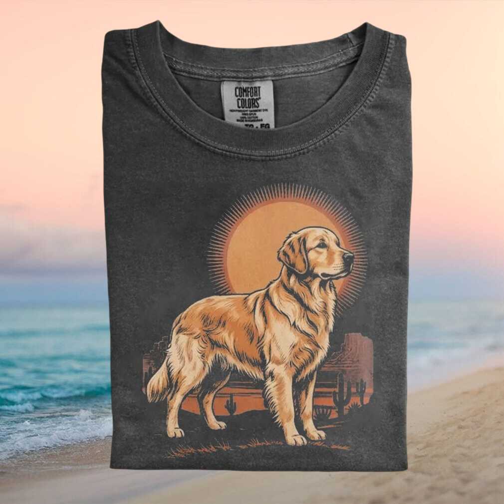 Golden Retriever Dog Desert Cactus Retro Sunset Scene T Shirt - Limotees LLC
