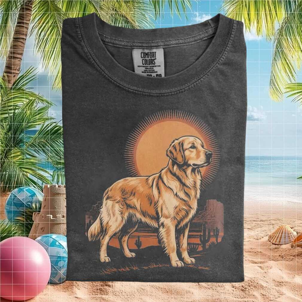 Golden Retriever Dog Desert Cactus Retro Sunset Scene T Shirt - Limotees LLC