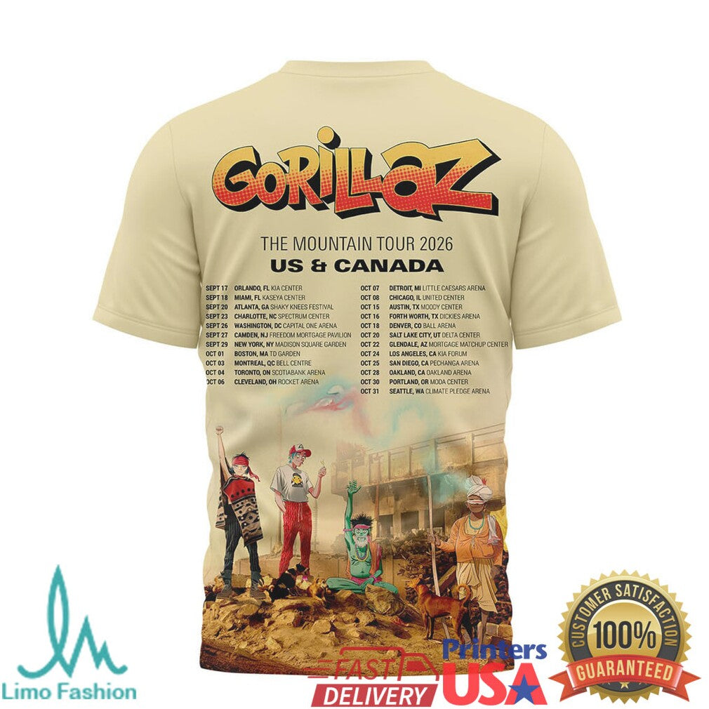 Gorillaz The Mountain Tour 2026 US & Canada Dates Tan T Shirt - Limotees LLC