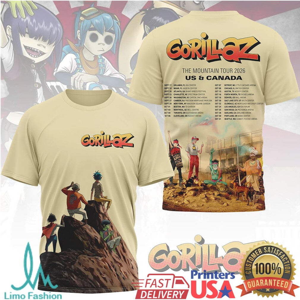 Gorillaz The Mountain Tour 2026 US & Canada Dates Tan T Shirt - Limotees LLC