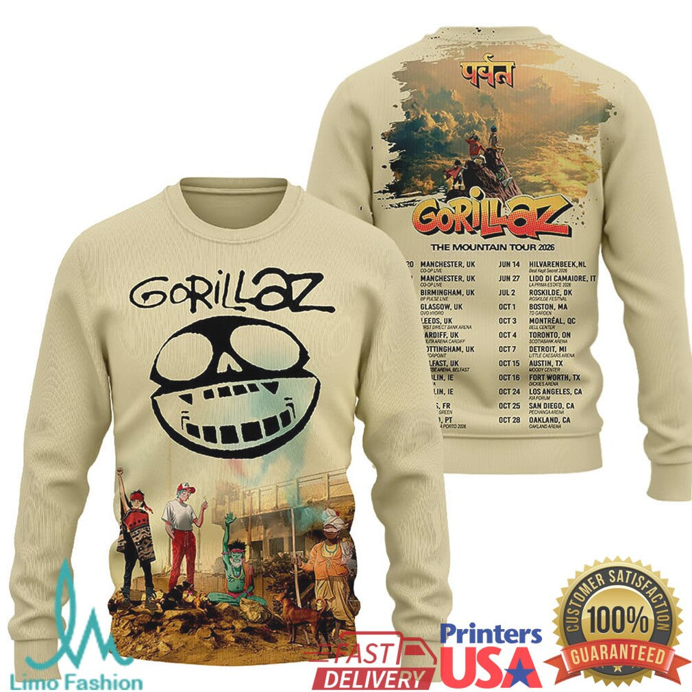 Gorillaz The Mountain Tour 2026 World Tour Skeleton Logo Tan Sweatshirt - Limotees LLC