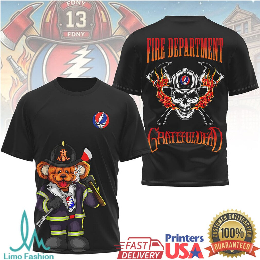 Grateful Dead Fire Department FDNY Dancing Bear Firefighter Skull T Shirt - Limotees LLC