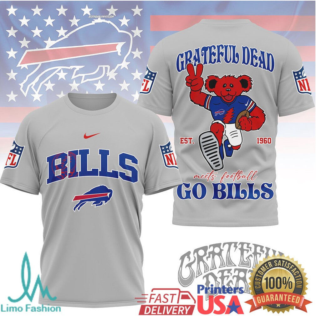 Grateful Dead x Buffalo Bills NFL Dancing Bear “Go Bills” Graphic T Shirt - Limotees LLC