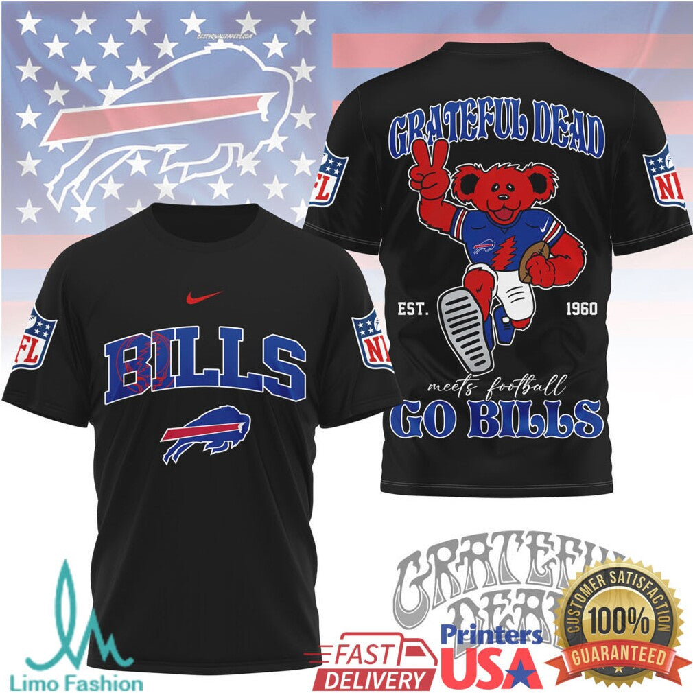 Grateful Dead x Buffalo Bills NFL Dancing Bear “Go Bills” Graphic T Shirt - Limotees LLC