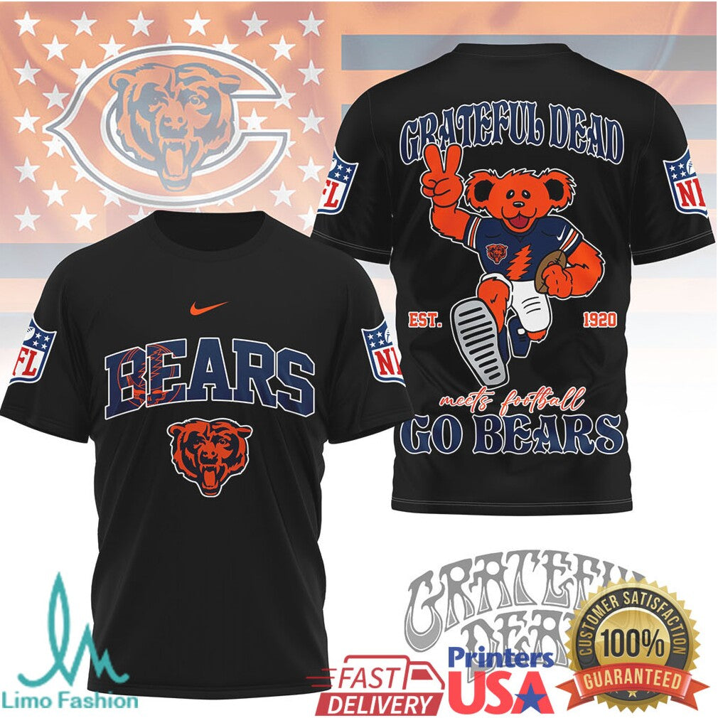 Grateful Dead x Chicago Bears NFL Dancing Bear Football Graphic T Shirt - Limotees LLC