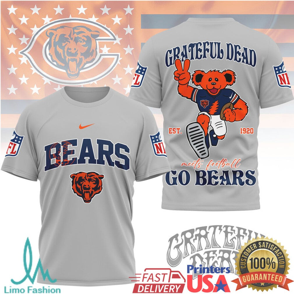 Grateful Dead x Chicago Bears NFL Dancing Bear Football Graphic T Shirt - Limotees LLC