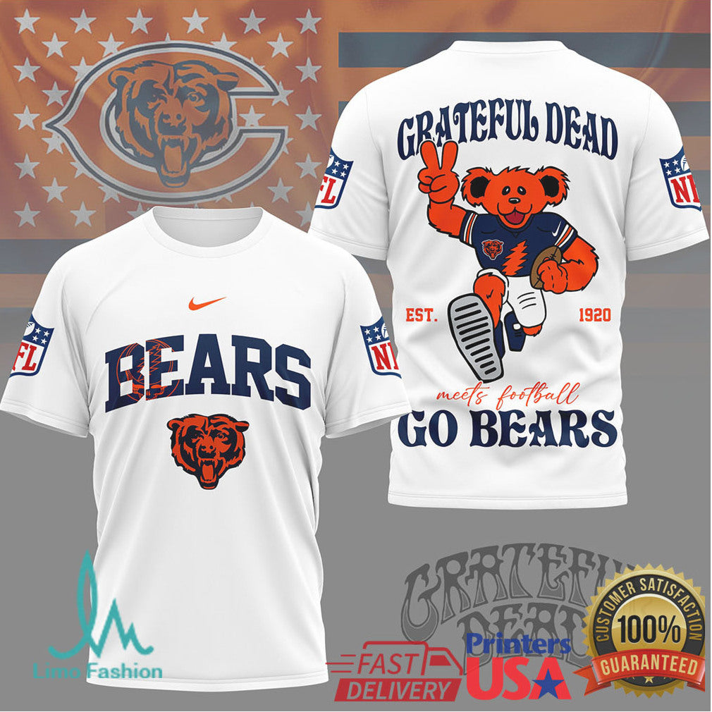 Grateful Dead x Chicago Bears NFL Dancing Bear Football Graphic T Shirt - Limotees LLC