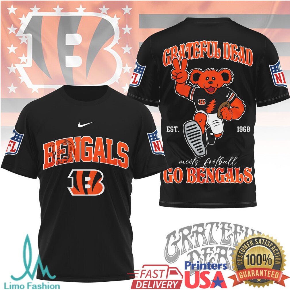 Grateful Dead x Cincinnati Bengals NFL Dancing Bear Football Graphic T Shirt - Limotees LLC