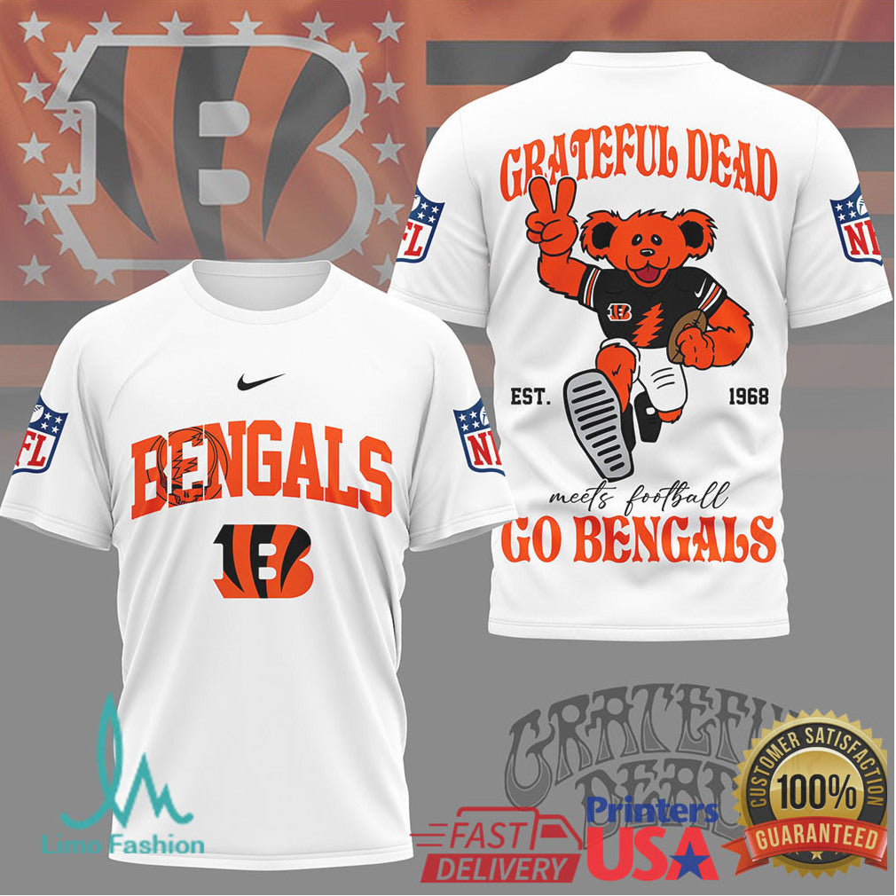 Grateful Dead x Cincinnati Bengals NFL Dancing Bear Football Graphic T Shirt - Limotees LLC