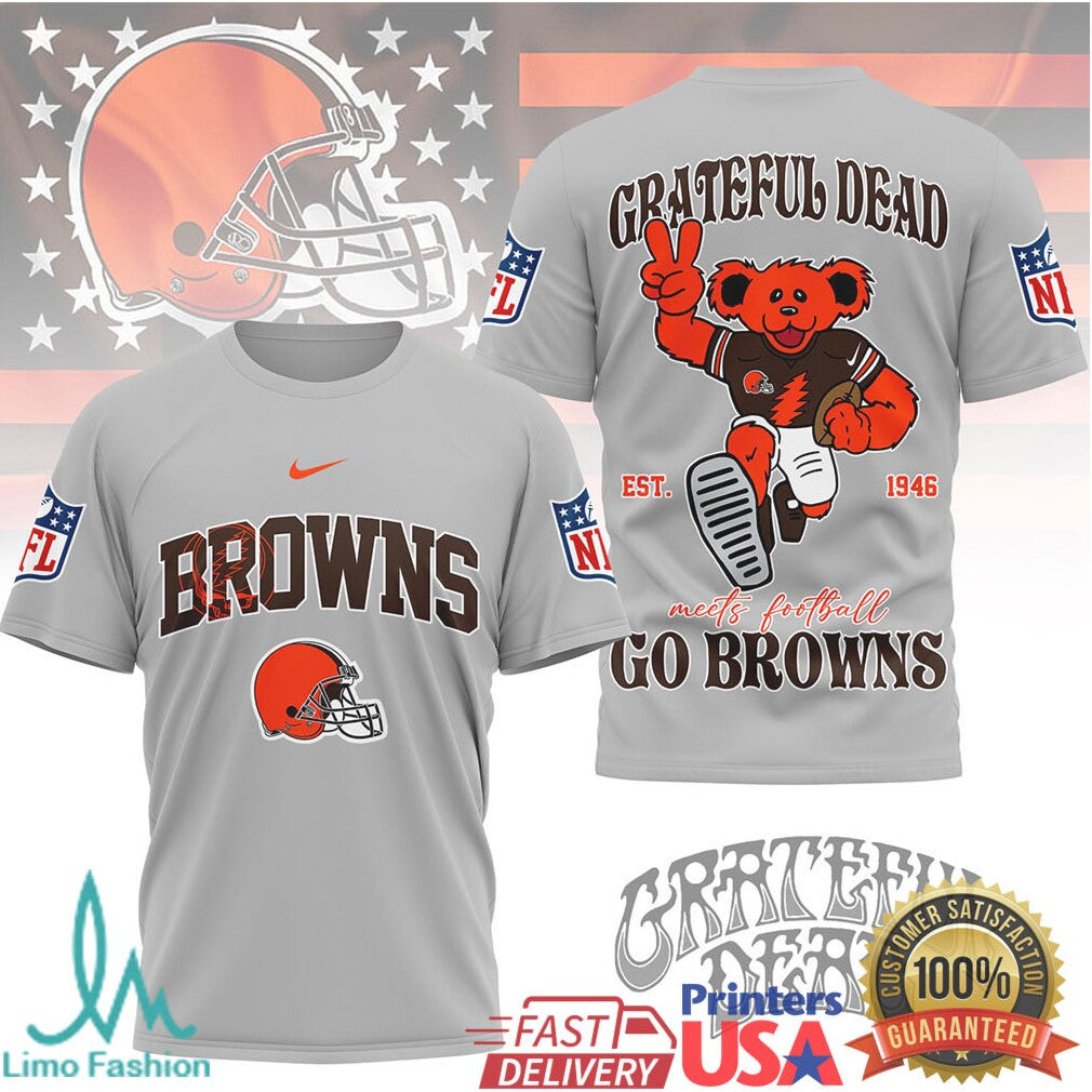Grateful Dead x Cleveland Browns NFL Dancing Bear “Go Browns” T Shirt - Limotees LLC