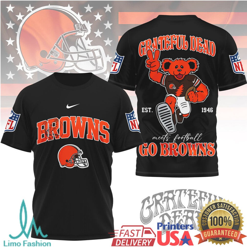 Grateful Dead x Cleveland Browns NFL Dancing Bear “Go Browns” T Shirt - Limotees LLC