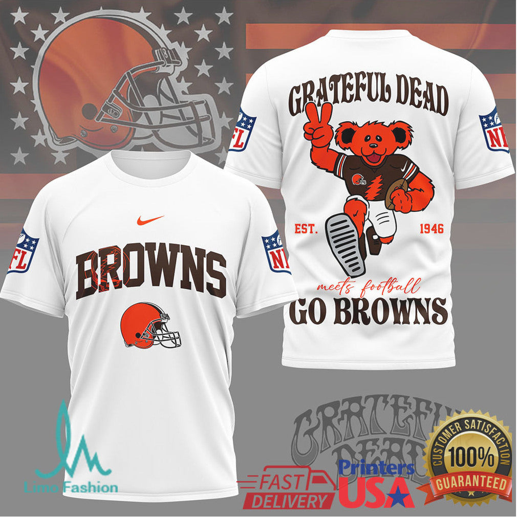 Grateful Dead x Cleveland Browns NFL Dancing Bear “Go Browns” T Shirt - Limotees LLC