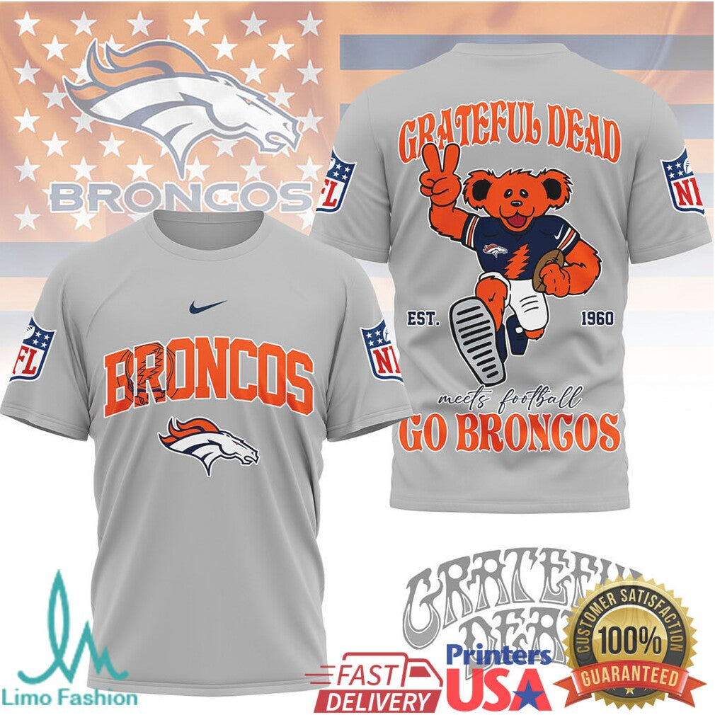 Grateful Dead x Denver Broncos NFL Dancing Bear Football Mashup T Shirt - Limotees LLC