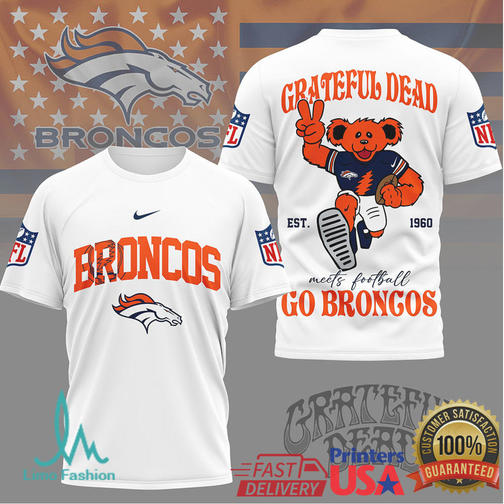 Grateful Dead x Denver Broncos NFL Dancing Bear Football Mashup T Shirt - Limotees LLC