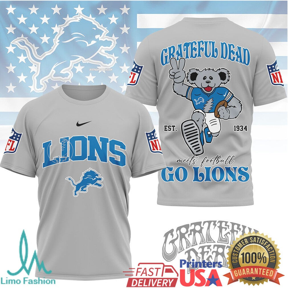 Grateful Dead x Detroit Lions NFL Dancing Bear “Go Lions” T Shirt - Limotees LLC