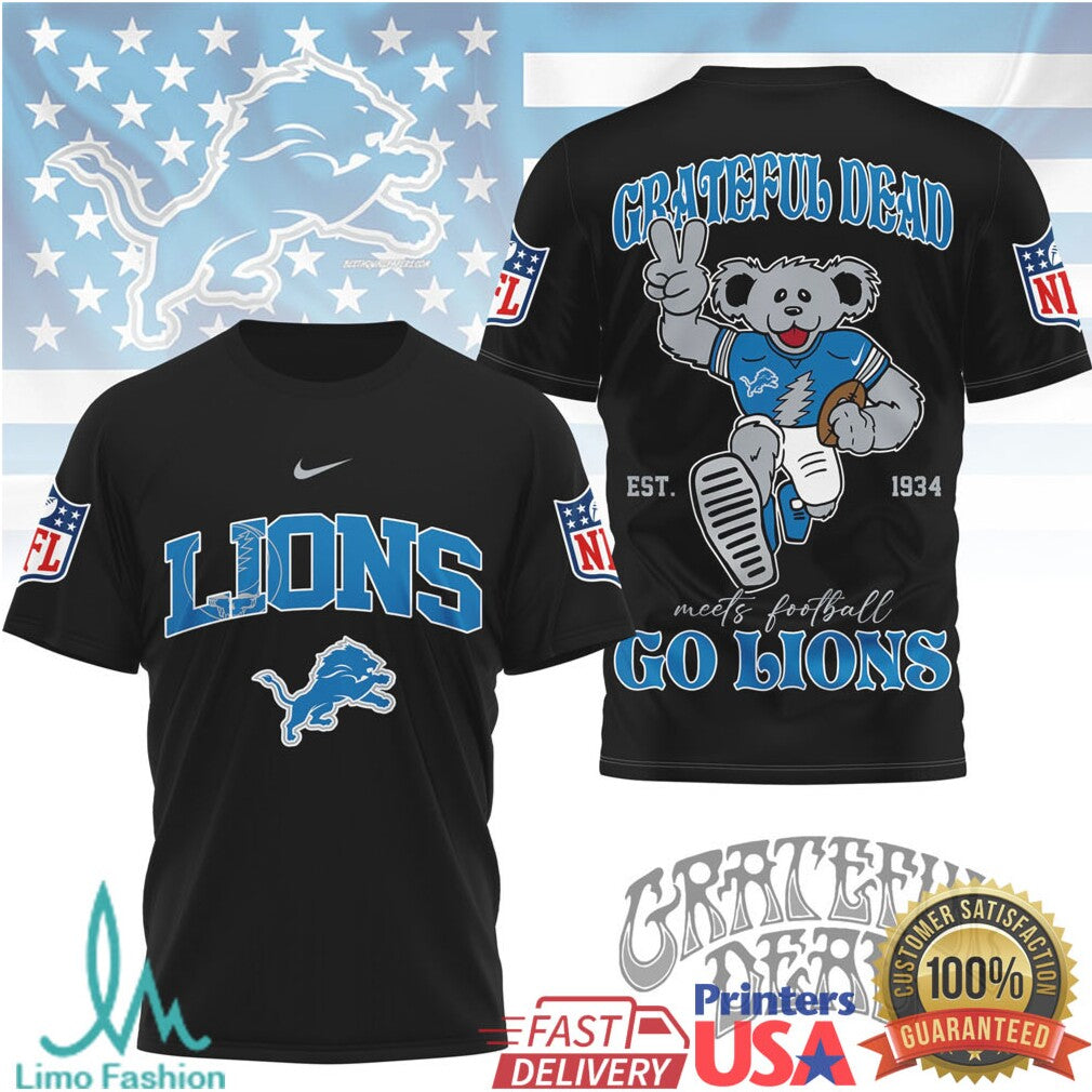Grateful Dead x Detroit Lions NFL Dancing Bear “Go Lions” T Shirt - Limotees LLC