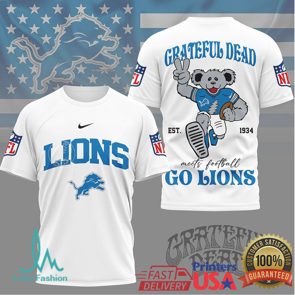 Grateful Dead x Detroit Lions NFL Dancing Bear “Go Lions” T Shirt - Limotees LLC