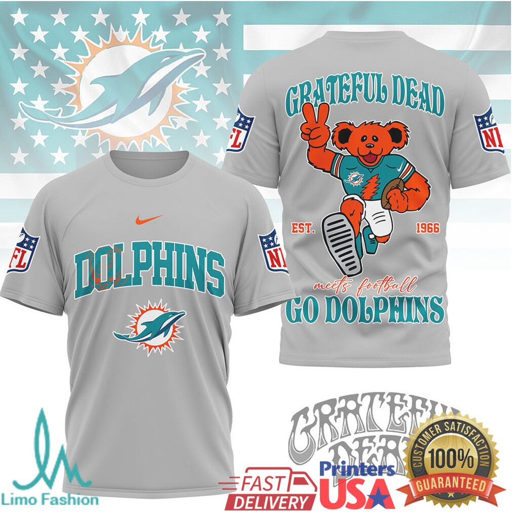 Grateful Dead x Miami Dolphins NFL Dancing Bear Peace Sign T Shirt - Limotees LLC