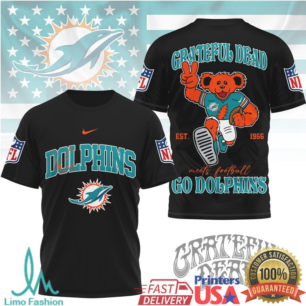 Grateful Dead x Miami Dolphins NFL Dancing Bear Peace Sign T Shirt - Limotees LLC