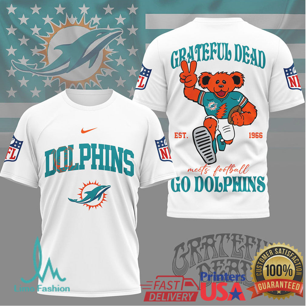 Grateful Dead x Miami Dolphins NFL Dancing Bear Peace Sign T Shirt - Limotees LLC