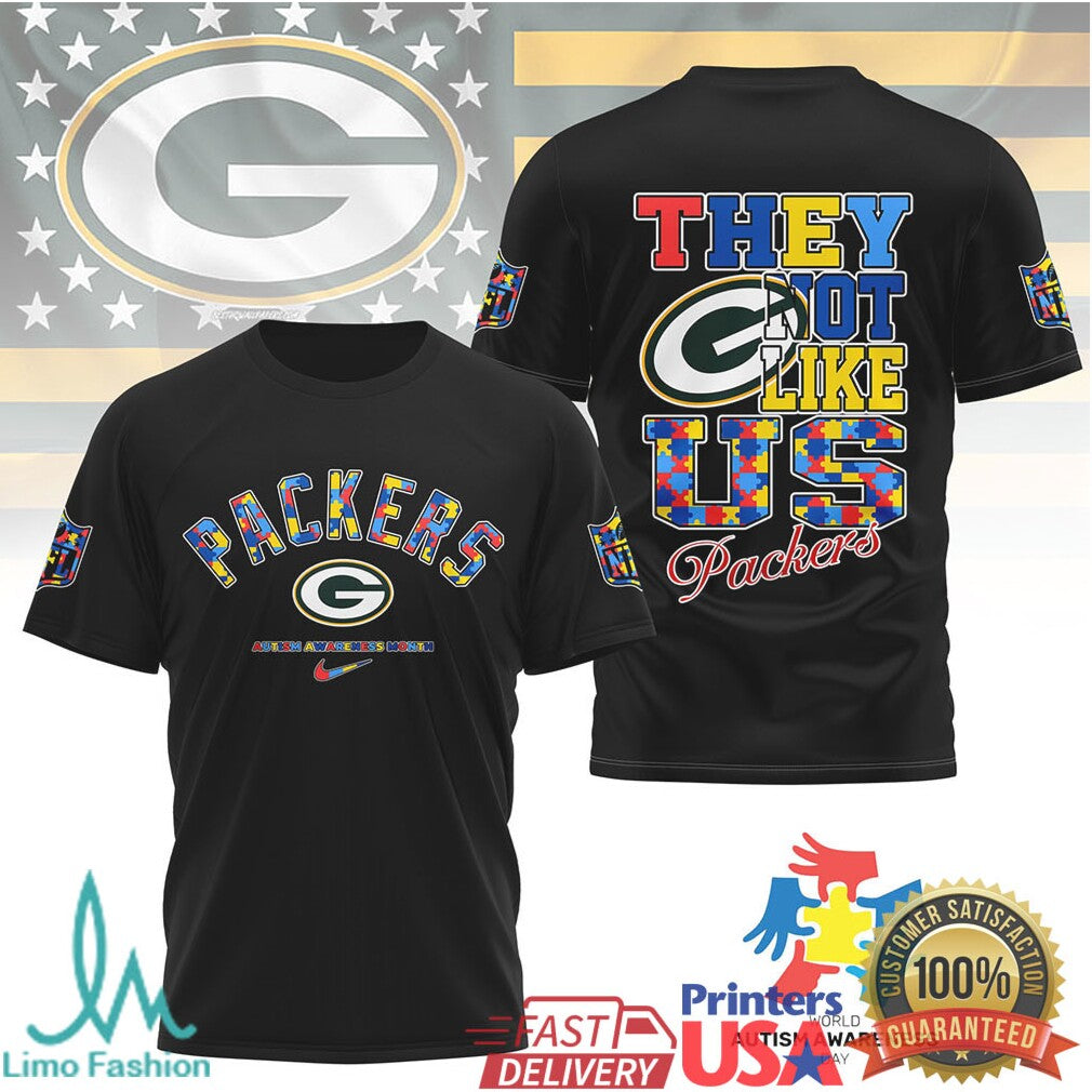Green Bay Packers Autism Awareness They Not Like Us T Shirt - Limotees LLC