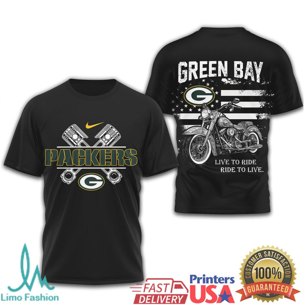 Green Bay Packers Biker T Shirt Live to Ride Motorcycle Design - Limotees LLC