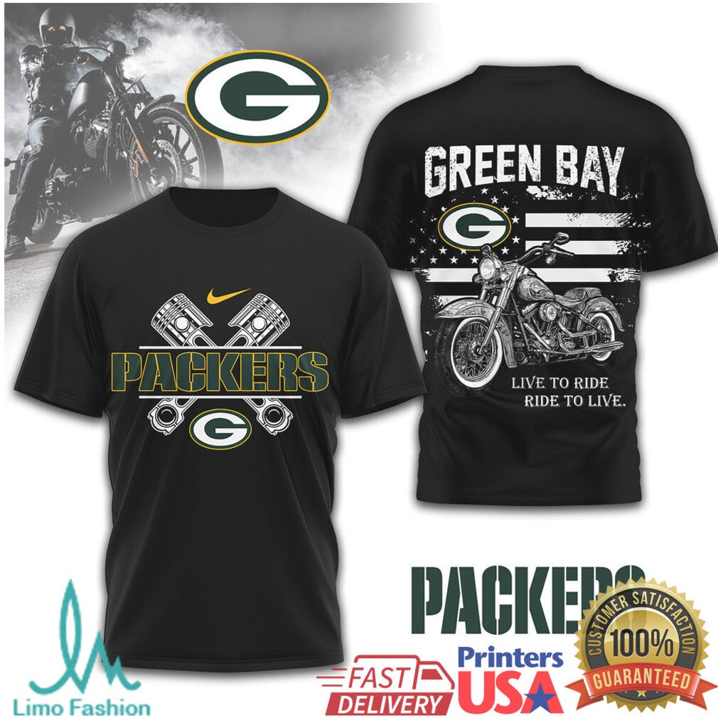 Green Bay Packers Biker T Shirt Live to Ride Motorcycle Design - Limotees LLC