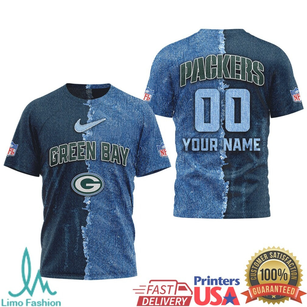 Green Bay Packers Custom Name & Number Ripped Denim Style 3D NFL T Shirt