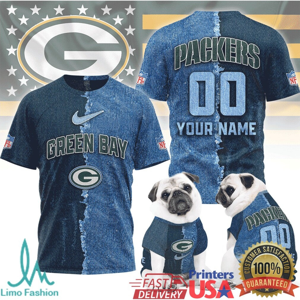 Green Bay Packers Custom Name & Number Ripped Denim Style 3D NFL T Shirt