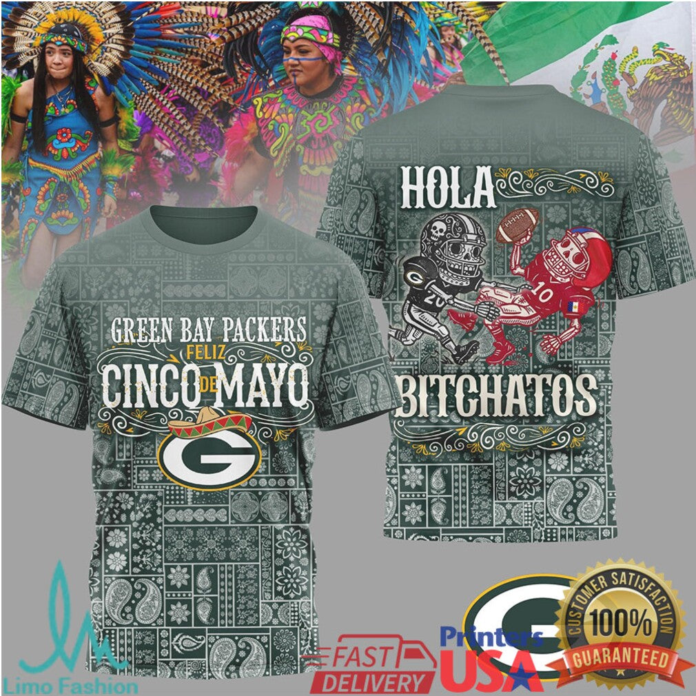 Green Bay Packers Feliz Cinco De Mayo T Shirt Dark Green Bitchatos Skeleton Football T Shirt - Limotees LLC