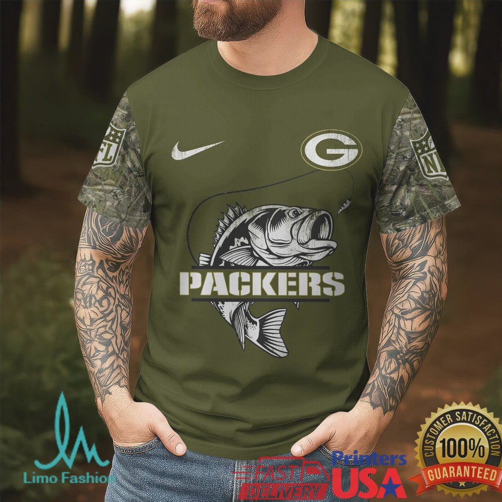 Green Bay Packers Fishing Camo Graphic T Shirt Bass Fishing Gift for Fans - Limotees LLC