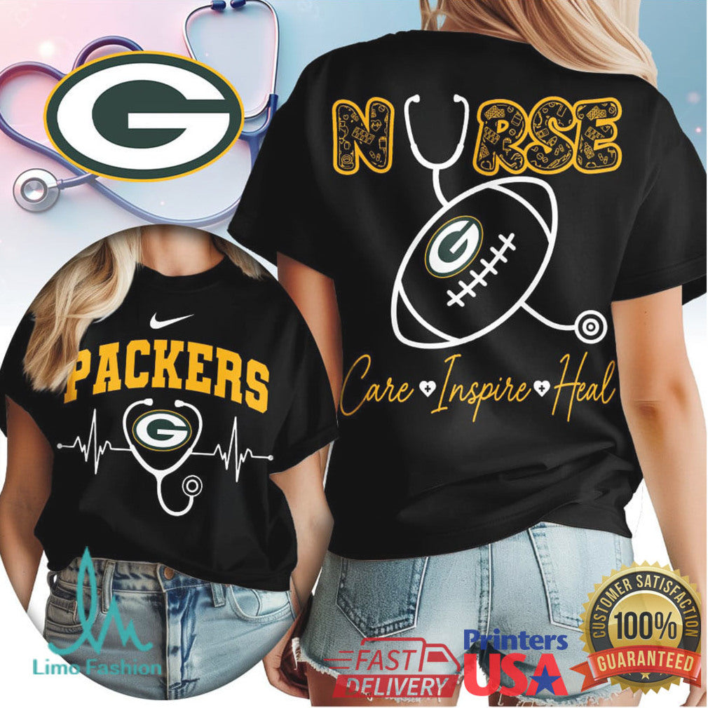 Green Bay Packers Football Nurse Care Inspire Heal 2026 Retro Women Fans White Green Black T Shirt - Limotees LLC