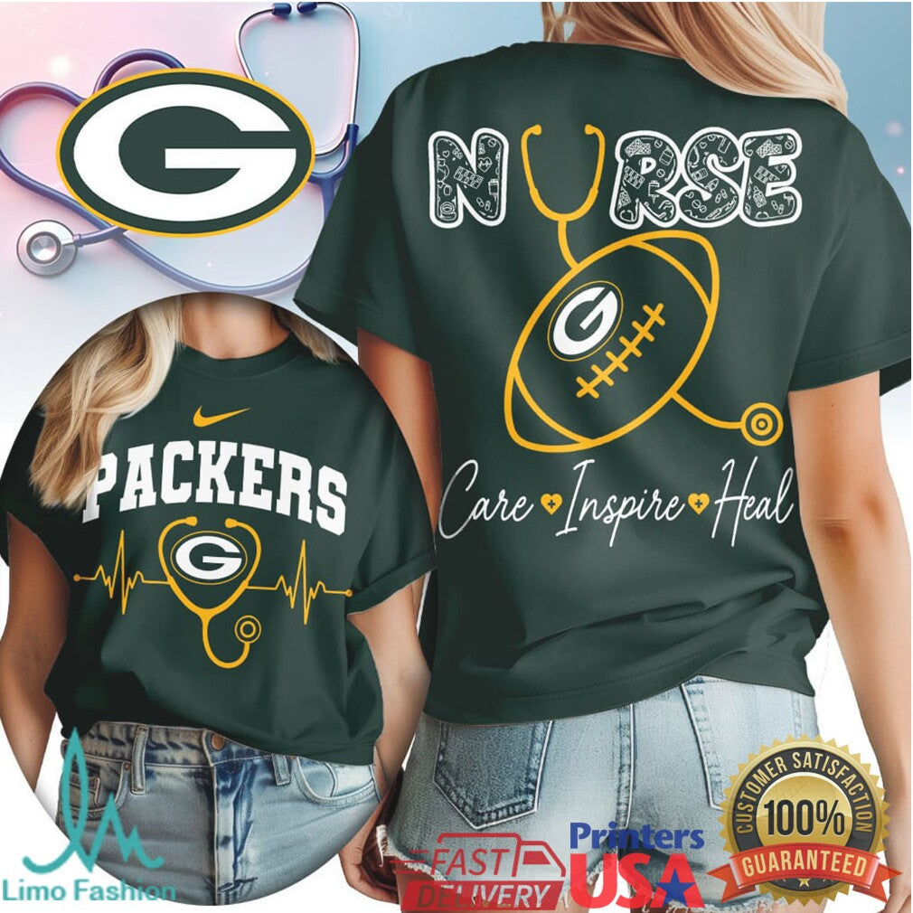 Green Bay Packers Football Nurse Care Inspire Heal 2026 Retro Women Fans White Green Black T Shirt - Limotees LLC