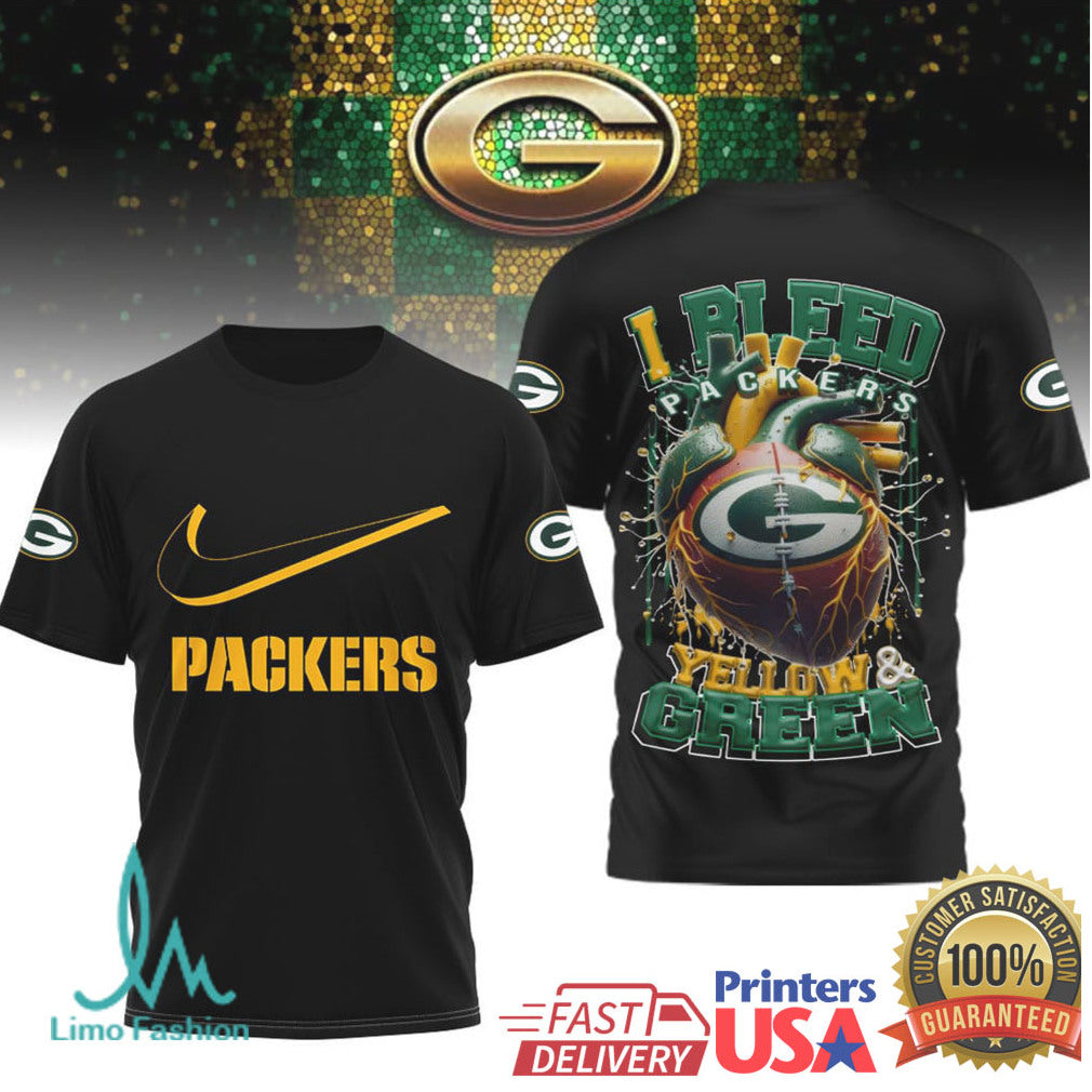 Green Bay Packers “I Bleed Yellow & Green” Heart Graphic T Shirt - Limotees LLC
