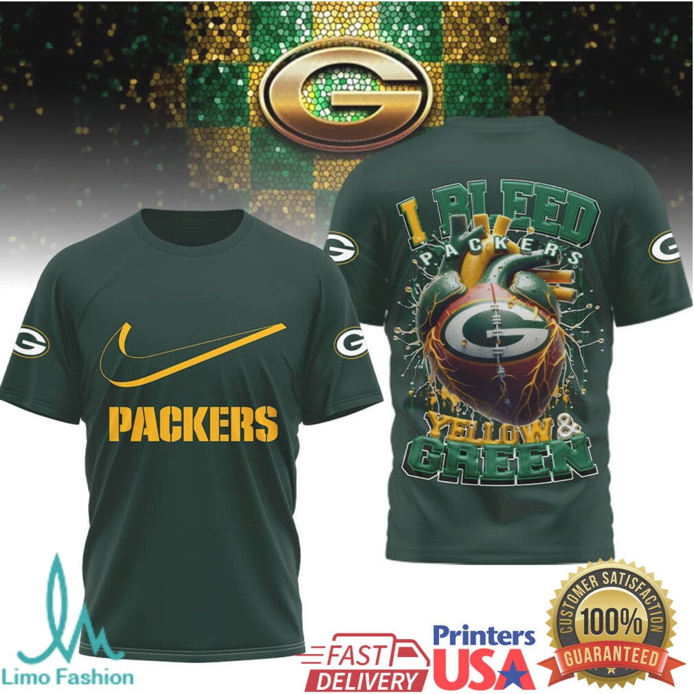 Green Bay Packers “I Bleed Yellow & Green” Heart Graphic T Shirt - Limotees LLC