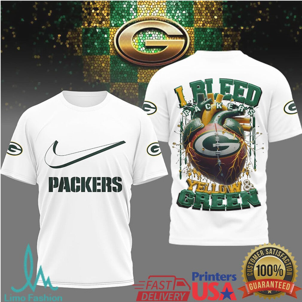 Green Bay Packers “I Bleed Yellow & Green” Heart Graphic T Shirt - Limotees LLC
