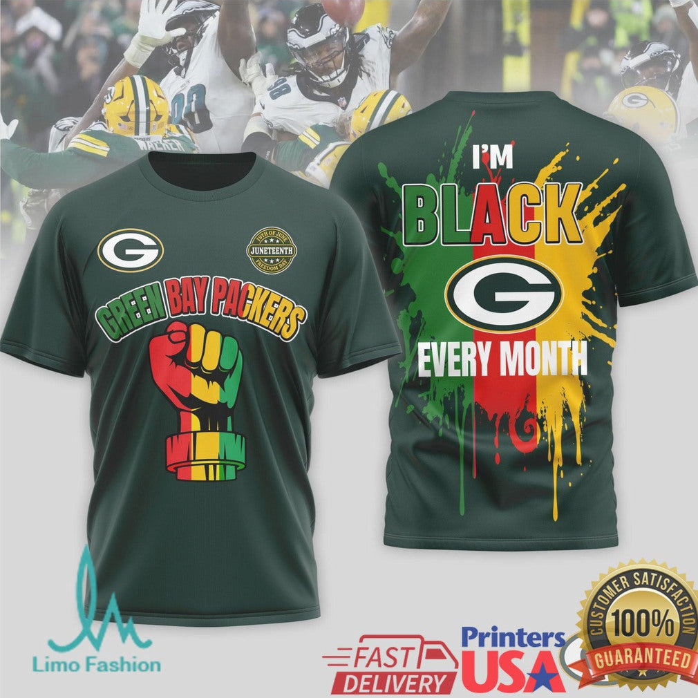 Green Bay Packers Juneteenth I'm Black Every Month T Shirt - Limotees LLC