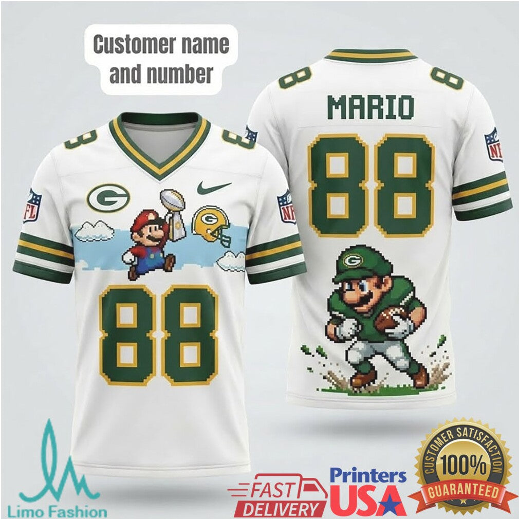 Green Bay Packers Mario 88 Custom Name Pixel Art NFL Football T Shirt - Limotees LLC