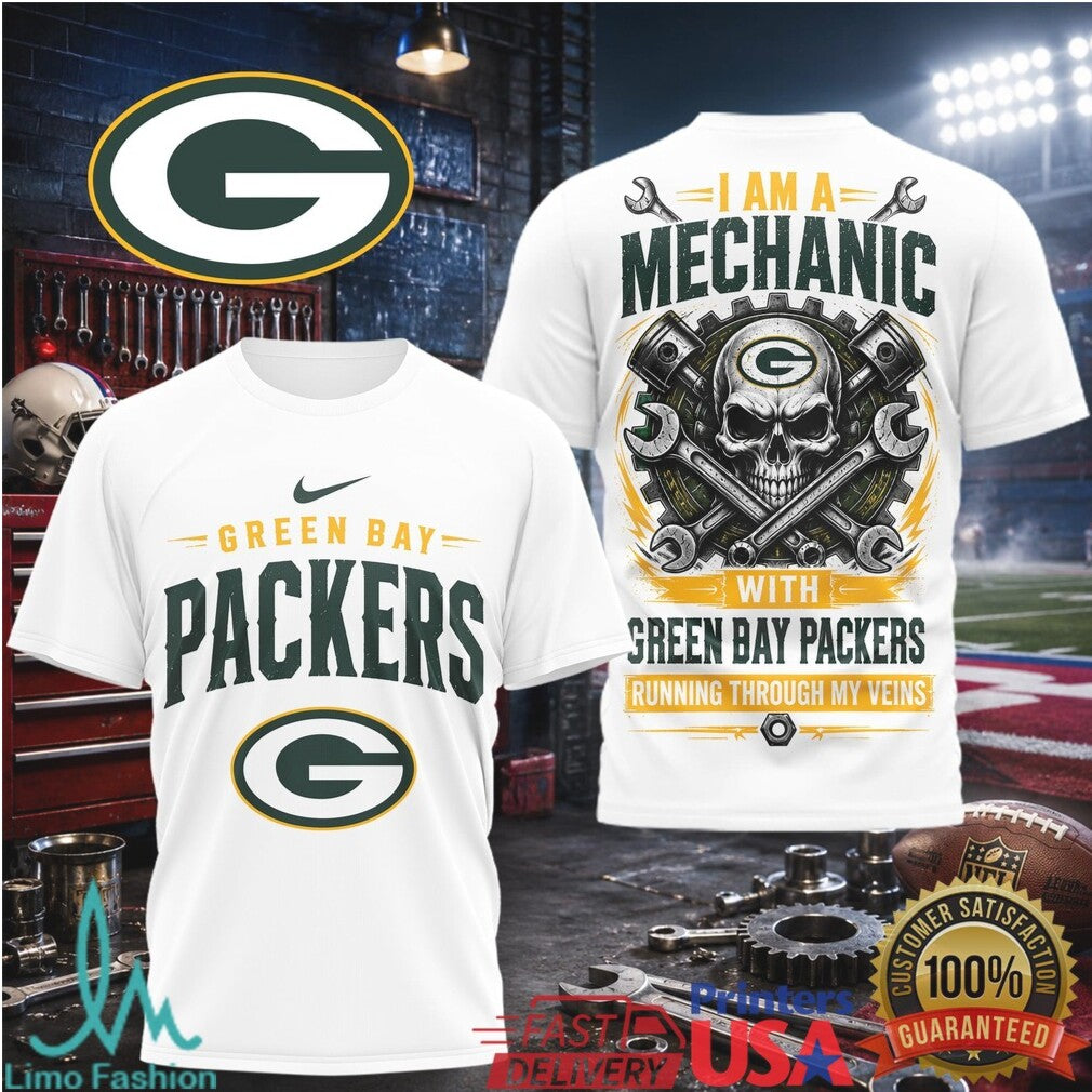 Green Bay Packers Mechanic Skull Pistons T Shirt - Limotees LLC