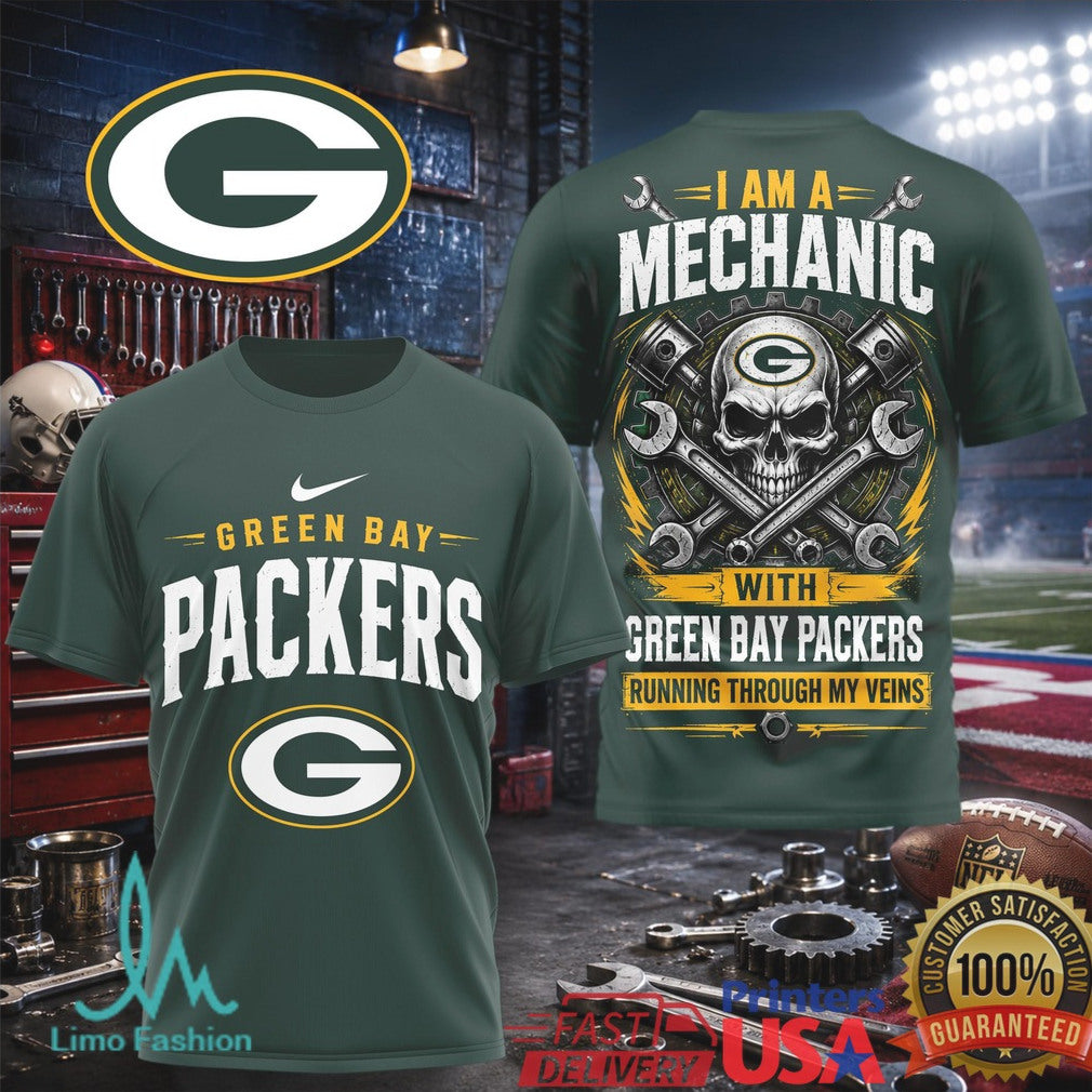 Green Bay Packers Mechanic Skull Pistons T Shirt - Limotees LLC