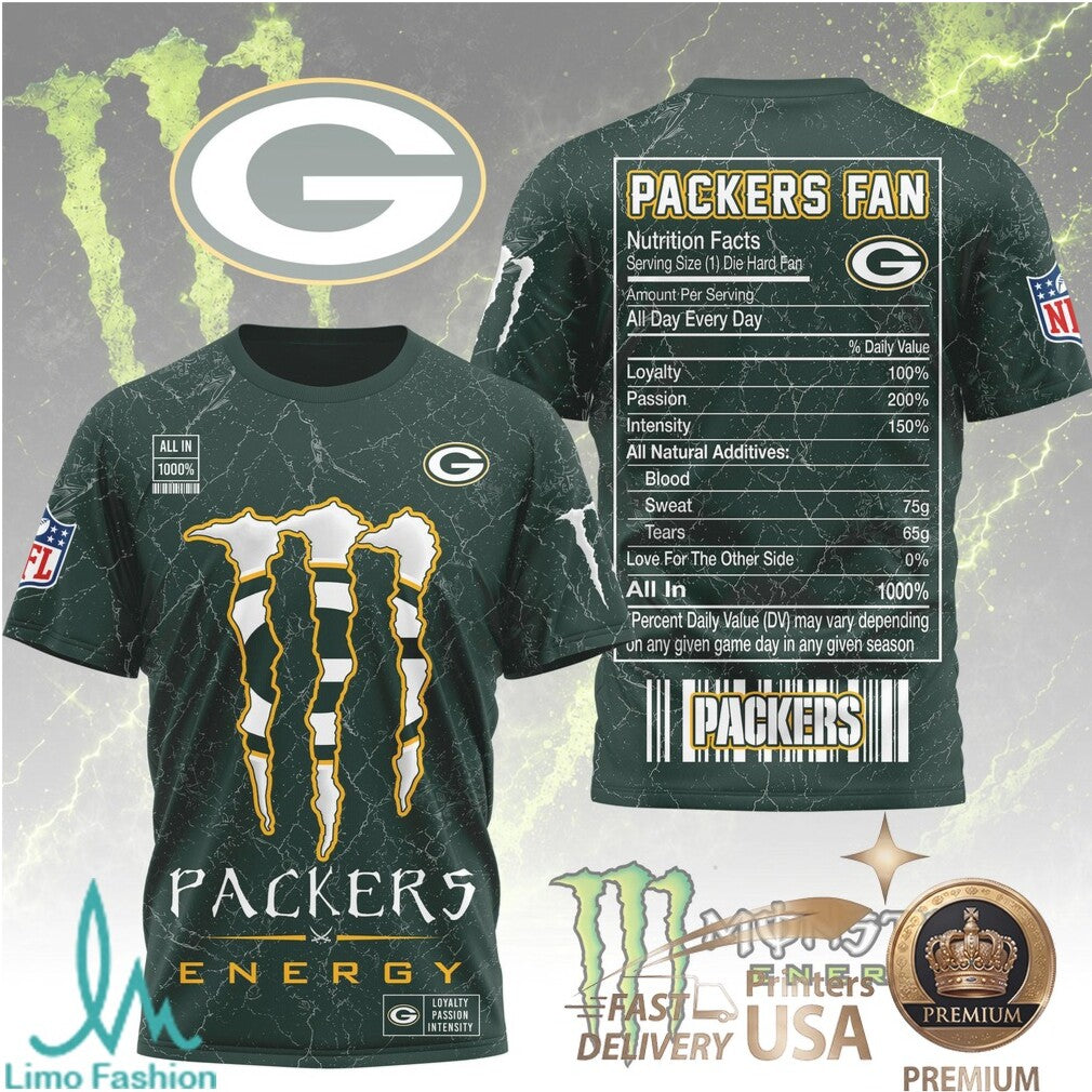 Green Bay Packers Monster Energy Fan Nutrition Facts T Shirt - Limotees LLC