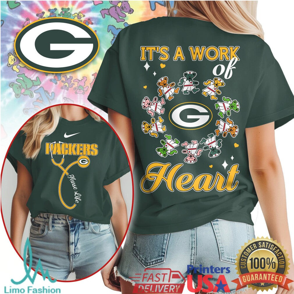 Green Bay Packers Nurse Shirt It's a Work of Heart Gameday Tee - Limotees LLC