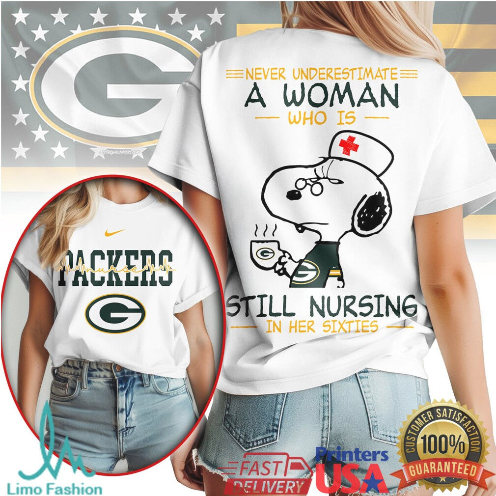 Green Bay Packers Nursing T Shirt Snoopy Never Underestimate A Woman Still Nursing T Shirt - Limotees LLC