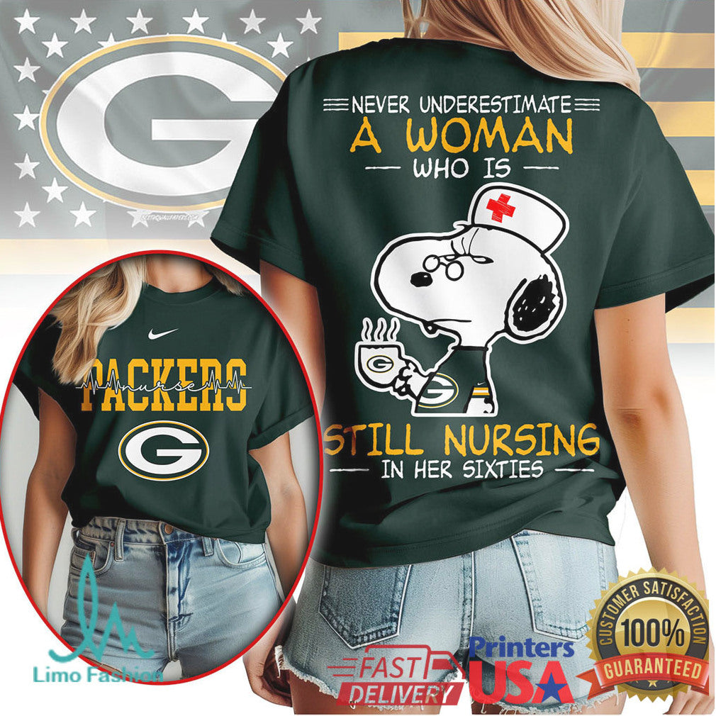Green Bay Packers Nursing T Shirt Snoopy Never Underestimate A Woman Still Nursing T Shirt - Limotees LLC