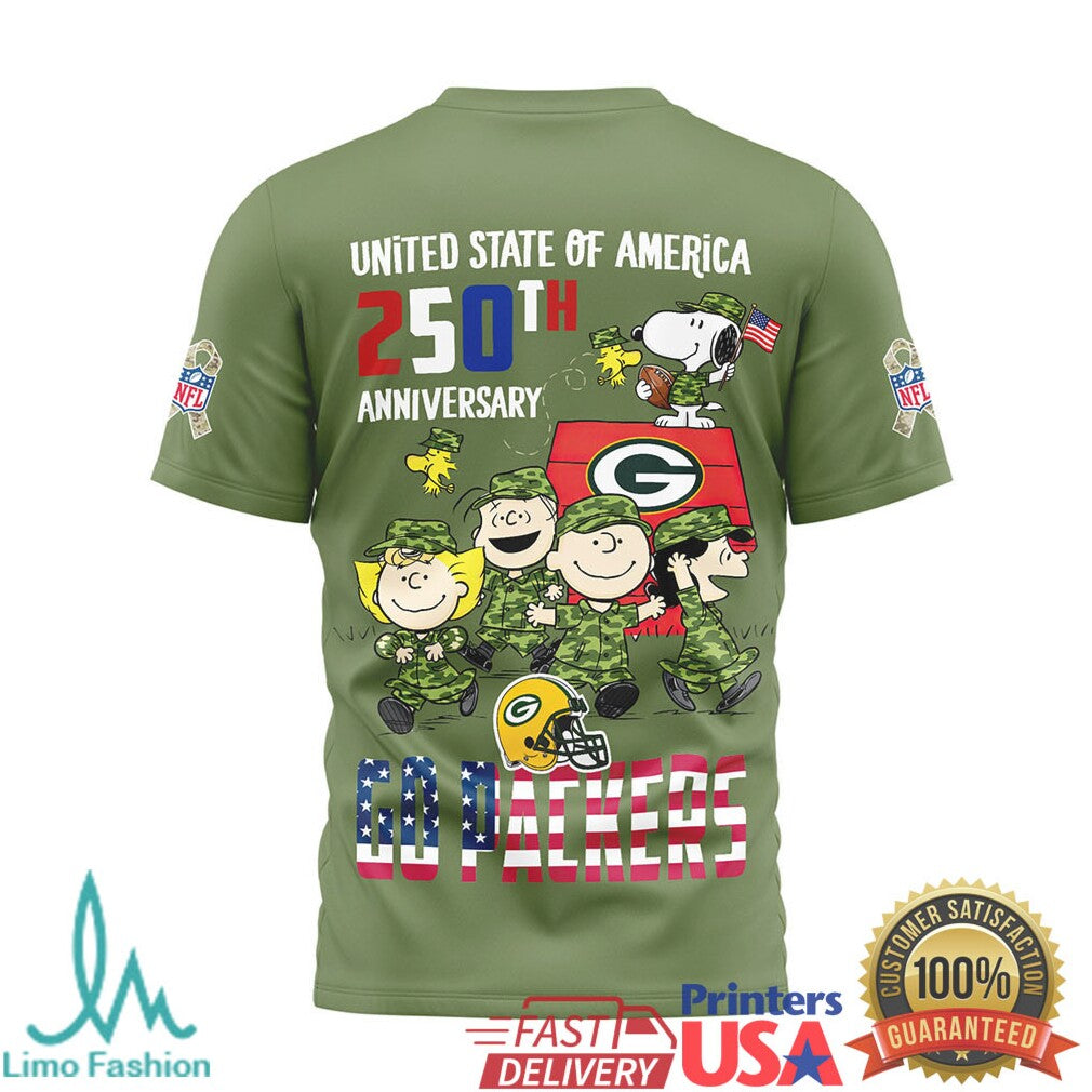 Green Bay Packers Snoopy 250th Anniversary USA Military Olive T Shirt - Limotees LLC