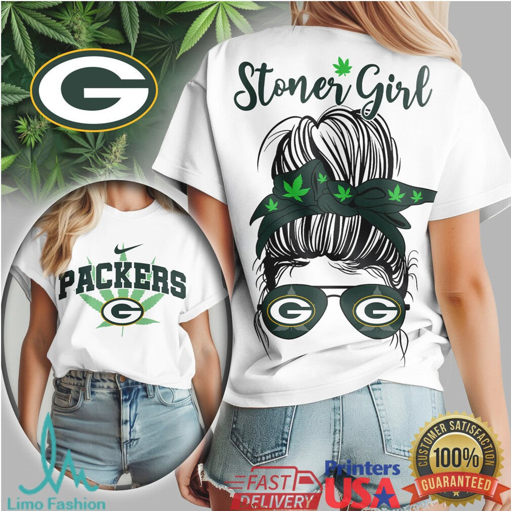 Green Bay Packers Stoner Girl Messy Bun Weed Leaf T Shirt - Limotees LLC