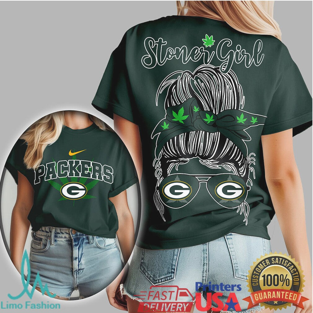 Green Bay Packers Stoner Girl Messy Bun Weed Leaf T Shirt - Limotees LLC