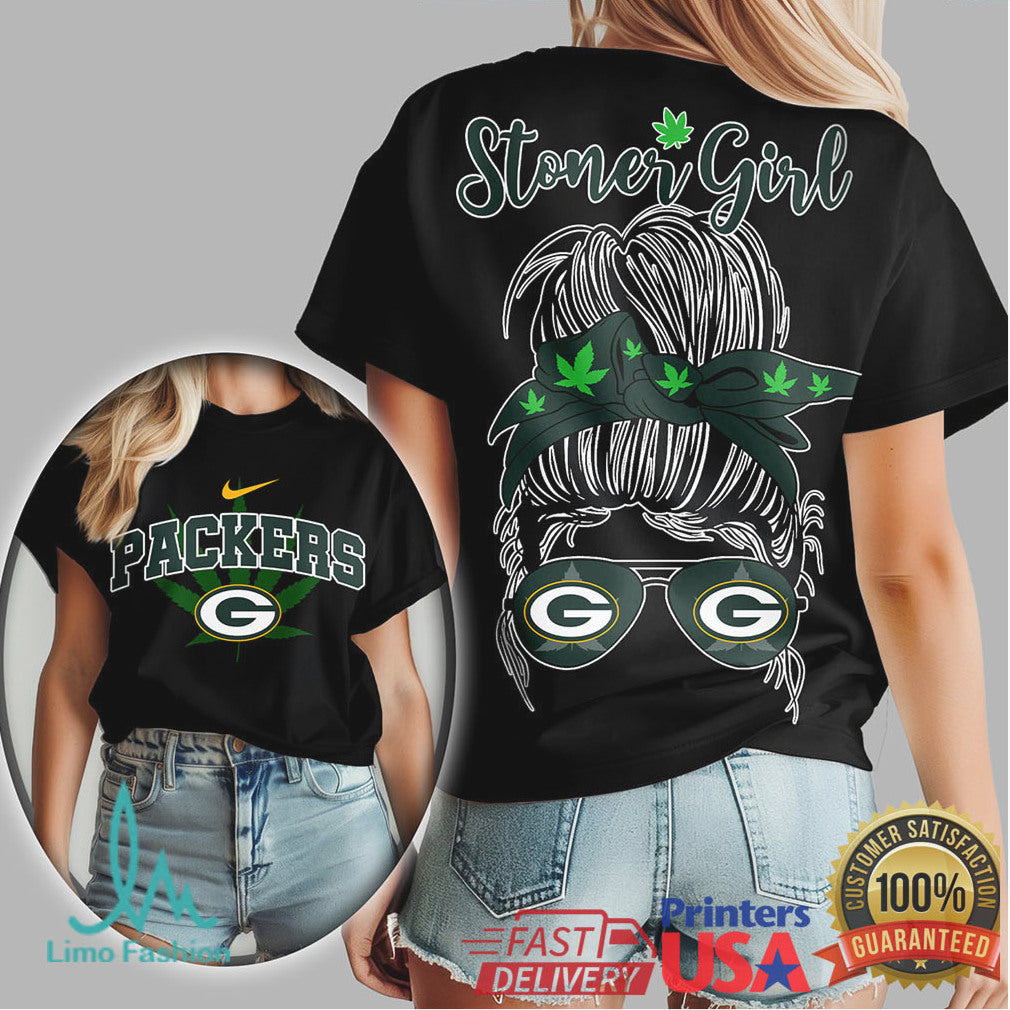 Green Bay Packers Stoner Girl Messy Bun Weed Leaf T Shirt - Limotees LLC