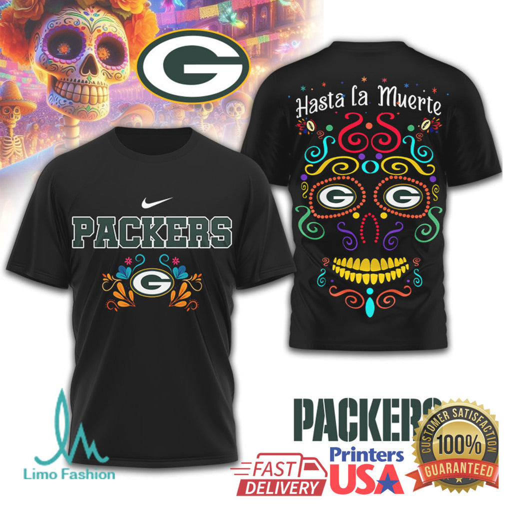 Green Bay Packers Sugar Skull Day of the Dead T Shirt Hasta la Muerte Edition - Limotees LLC