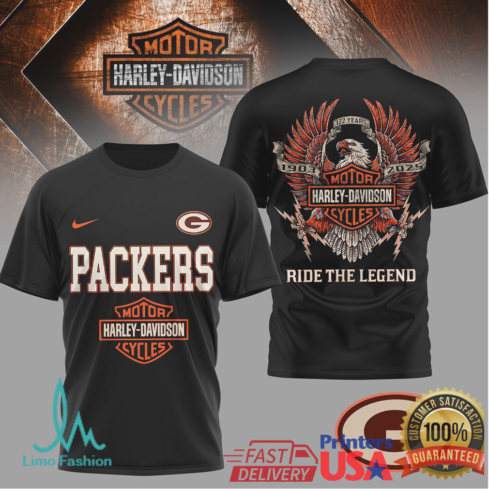 Green Bay Packers x Harley Davidson Motor Cycles 122 Years Celebration T Shirt - Limotees LLC